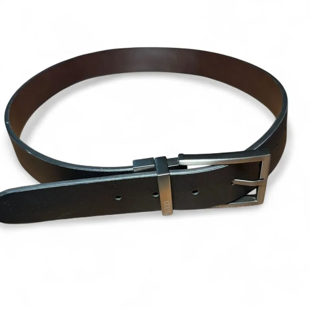 Guess Men's Black and Brown Reversible Synthetic Leather Belt Sz 30-32